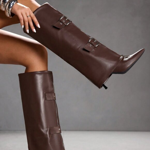 Rust Brown Casual Women's Pointed Toe Knee-High Heeled Boots - Picture 3 of 10